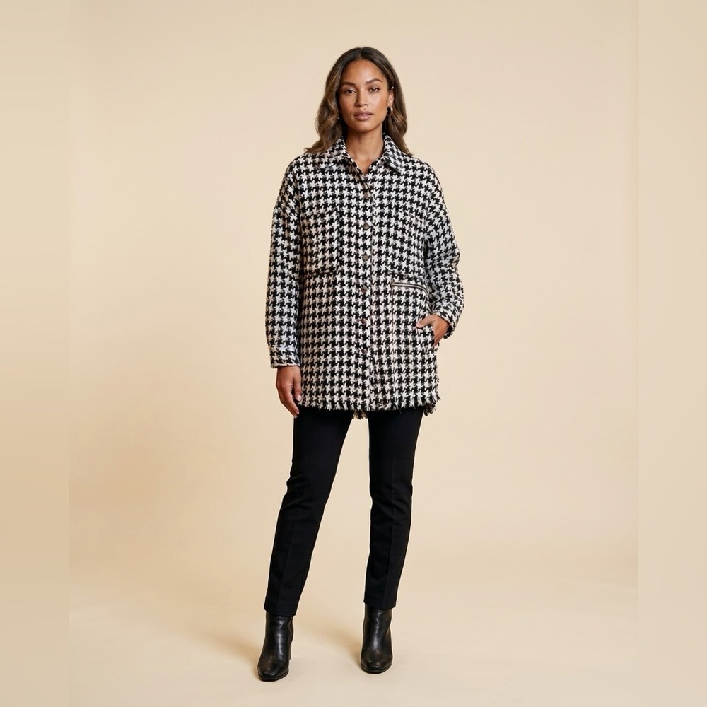 Trendyol Houndstooth Tweed Shacket Jacket Black White Size M Fringe Hem